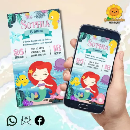 Convite Digital Ariel/ Pequena Sereia Cute