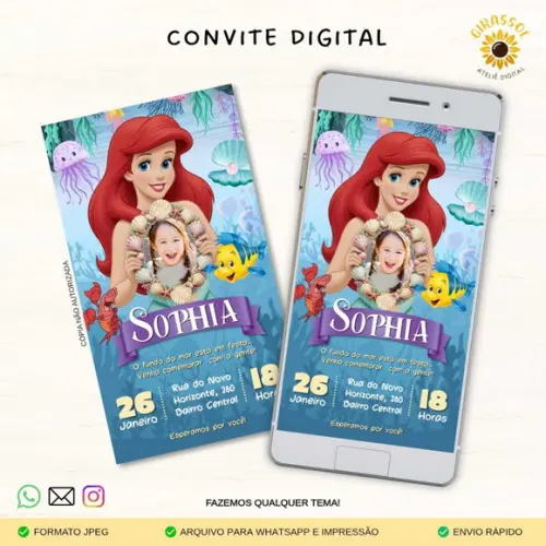 Convite Digital Ariel/ Pequena Sereia (com Foto)