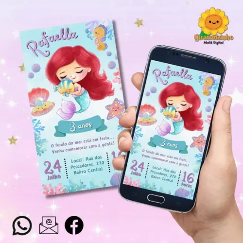 Convite Digital Ariel Baby/cute Aquarela