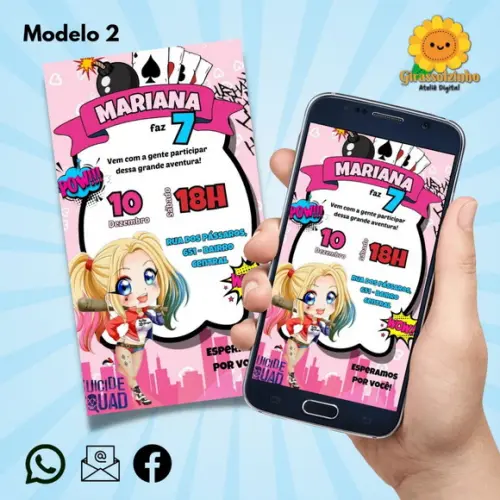 Convite Digital Arlequina Cute (2 Modelos)