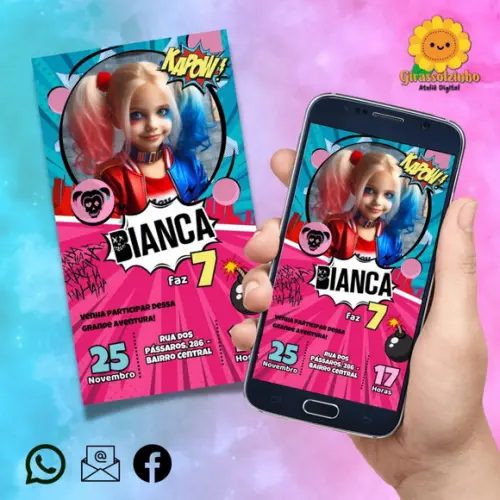 Convite Digital Arlequina Cute (com Foto)