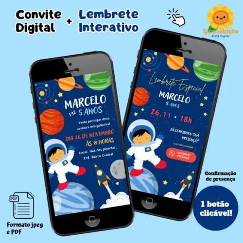 Convite Digital Astronauta + Lembrete Interativo