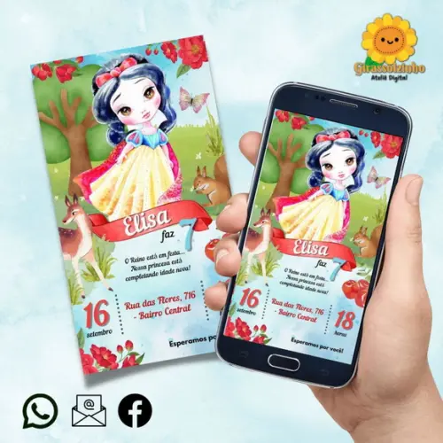 Convite Digital Branca de Neve Aquarela