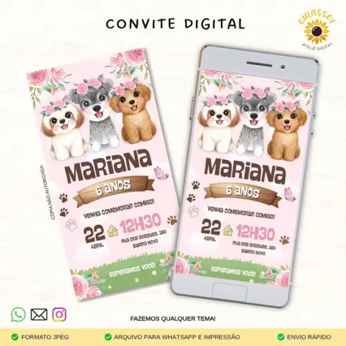Convite Digital Cachorrinhos Rosa