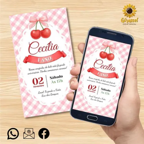 Convite Digital Cereja/cerejinha Rosa