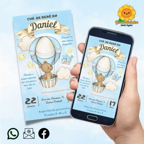 Convite Digital Chá de Bebê Ursinho Baloeiro