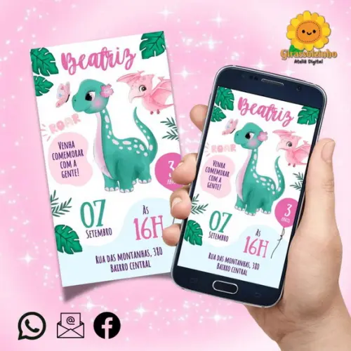 Convite Digital Dino Baby Rosa 3 + Brinde