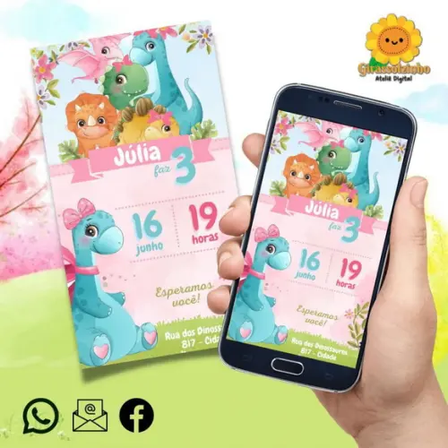 Convite Digital Dino Baby Rosa