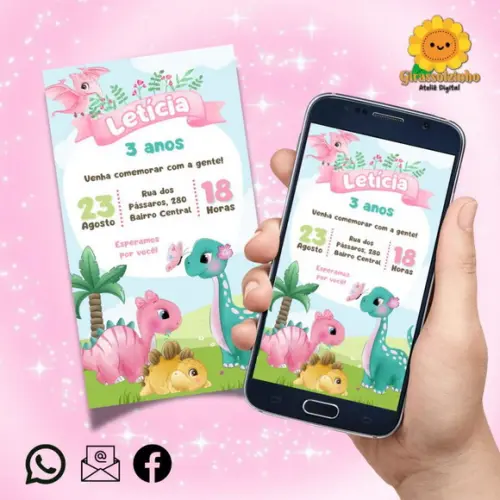 Convite Digital Dino Baby Rosa 4 + Brinde
