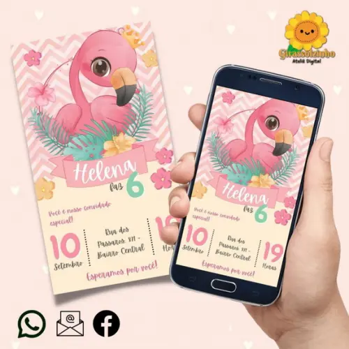 Convite Digital Flamingo Cute