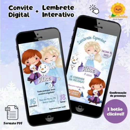 Convite Digital Frozen Aquarela + Lembrete Interativo