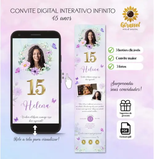 Convite Digital Interativo 15 Anos Borboletas (3 Fotos)