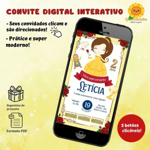 Convite Digital Interativo a Bela e a Fera Cute