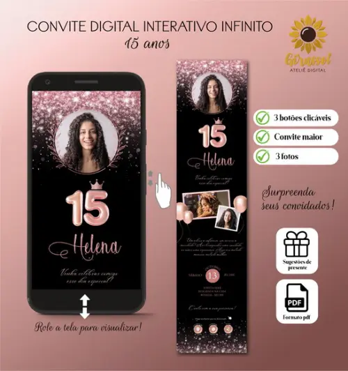 Convite Digital Interativo 15 Anos Rose Gold (3 Fotos)