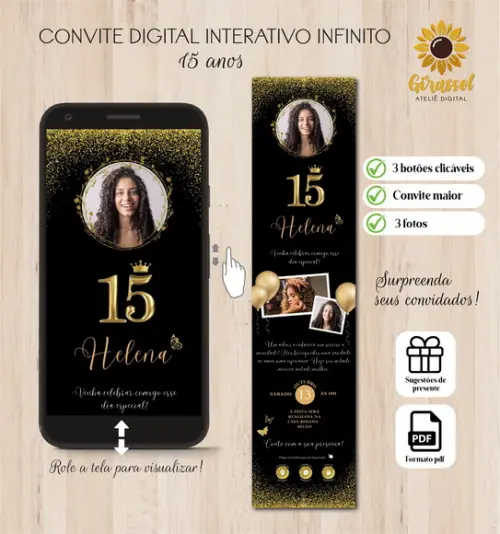 Convite Digital Interativo 15 Anos Ouro (3 Fotos)