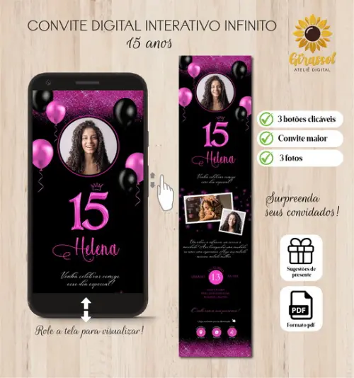 Convite Digital Interativo 15 Anos Rosa Pink (3 Fotos)