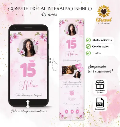 Convite Digital Interativo 15 Anos Floral Rosa (3 Fotos)