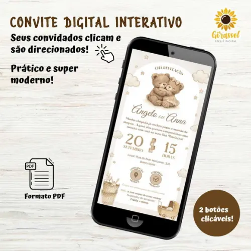 Convite Digital Interativo Chá Revelação Ursinho Bege