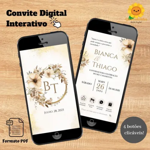 Convite Digital Interativo de Casamento Golden Boho