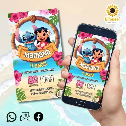Convite Digital Lilo e Stitch Rosa