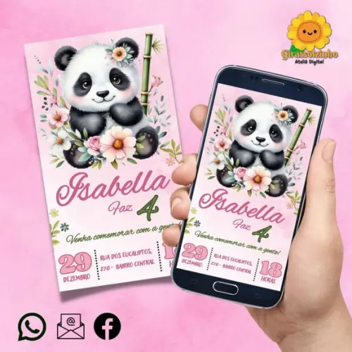 Convite Digital Panda Menina (rosa)