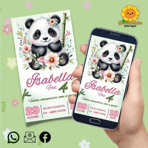 Convite Digital Panda Menina (verde)