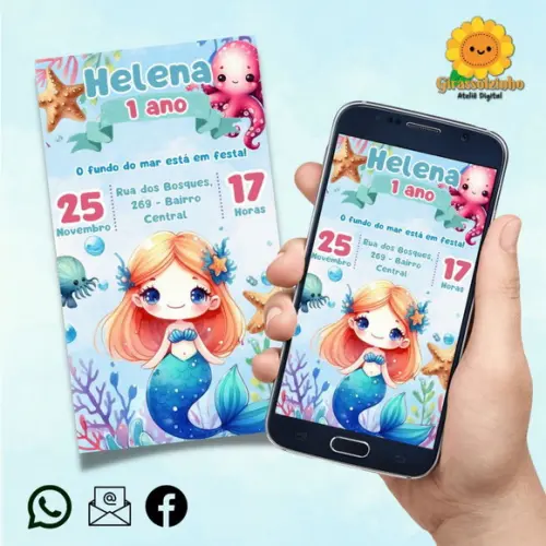 Convite Digital Sereia Cute Aquarela 2