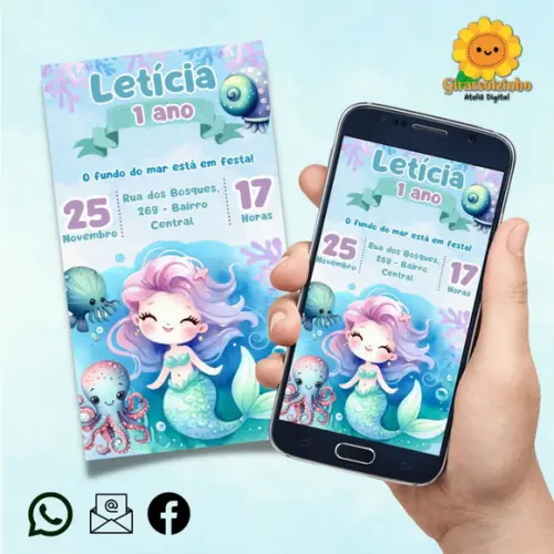 Convite Digital Sereia Cute Aquarela 3