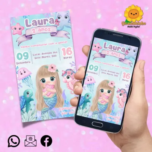 Convite Digital Sereia Cute Loira