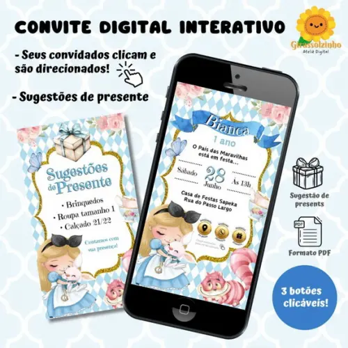 Convite Interativo Alice no País das Maravilhas Aquarela