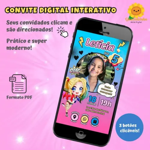 Convite Interativo Arlequina Cute (com Foto)