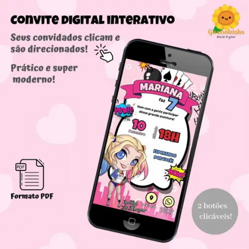 Convite Interativo Arlequina Cute