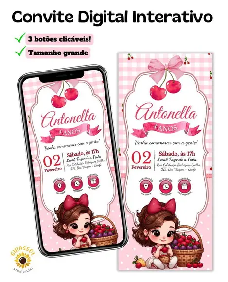 Convite Interativo Cereja/ Cerejinha (rosa)
