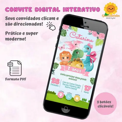Convite Interativo Dino Baby Rosa