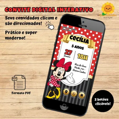 Convite Interativo Minnie Vermelha (dourado)