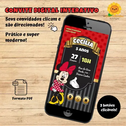 Convite Interativo Minnie Vermelha (dourado)