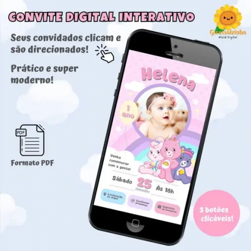 Convite Interativo Ursinhos Carinhosos Menina (com Foto)