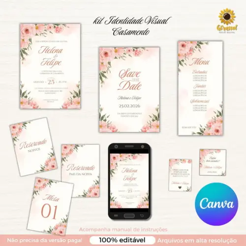 Kit Identidade Visual de Casamento Rosé (editável Canva)