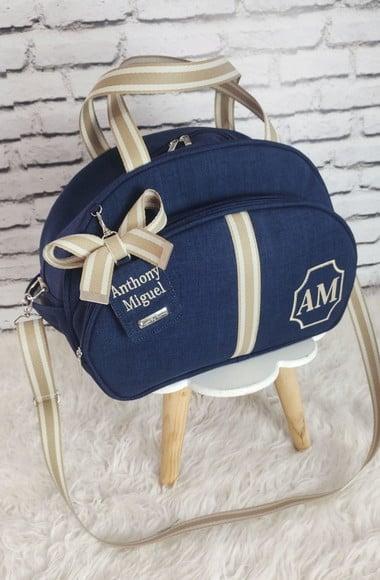 Bolsa Maternidade G Azul Marinho e Bege Tag Personalizada