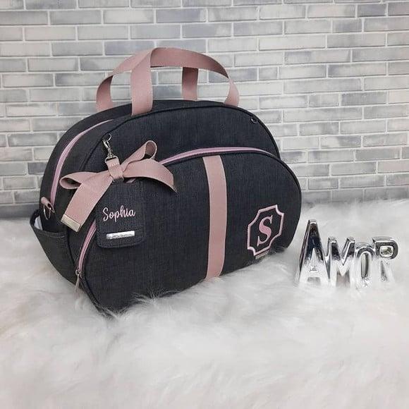 Bolsa Maternidade G coleção linho preto e rose tag bordada