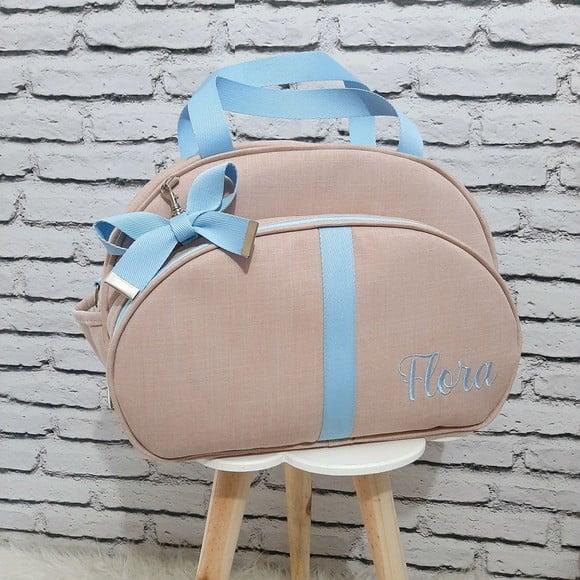 Bolsa maternidade G coleção linho luxo rose e fita azul bebê