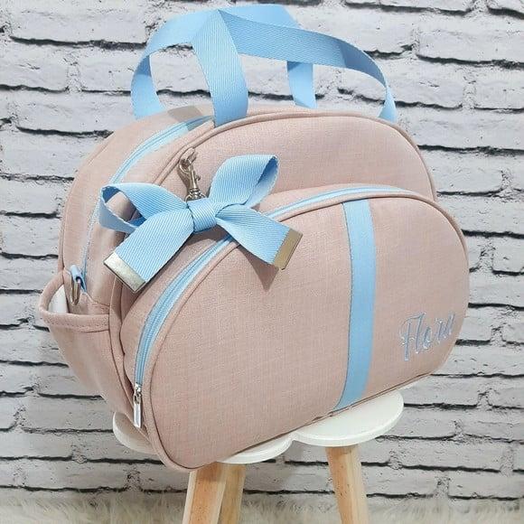 Bolsa maternidade G coleção linho luxo rose e fita azul bebê