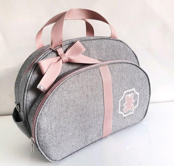 Bolsa maternidade G coleção linho luxo cinza com fitas rose
