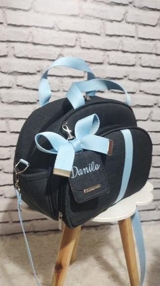 Bolsa Maternidade G Linho Preto e Azul Tag Personalizada