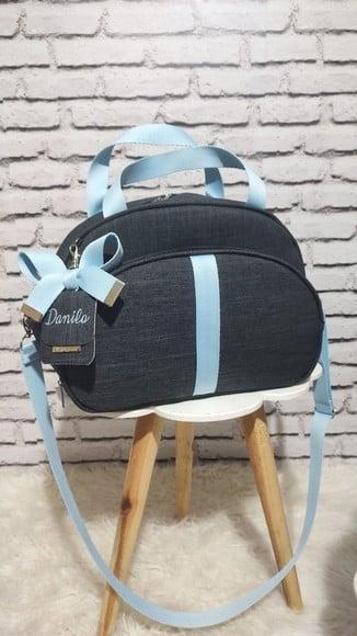 Bolsa Maternidade G Linho Preto e Azul Tag Personalizada