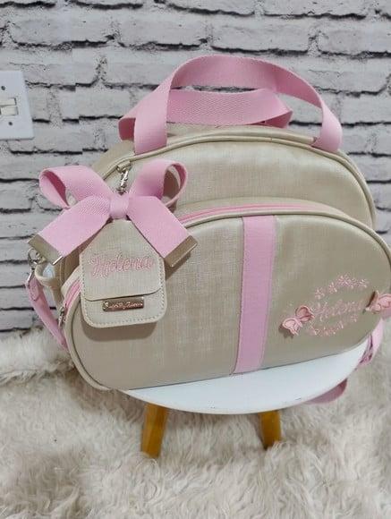 Bolsa Maternidade Media Bege com Rosa Bebe Jardim Borboleta