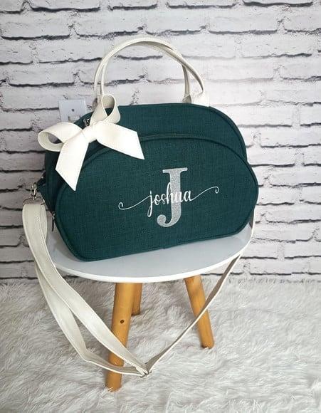 Bolsa Maternidade Media Linho Verde Musgo Detalhes em Branco