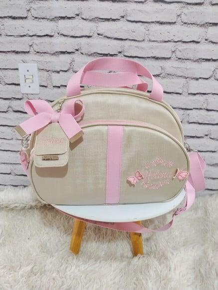 Bolsa Maternidade Media Bege com Rosa Bebe Jardim Borboleta