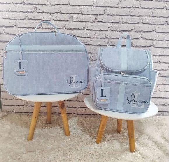 Kit Mala Maternidade e Mochila 2 em 1 Linho Azul Bebê