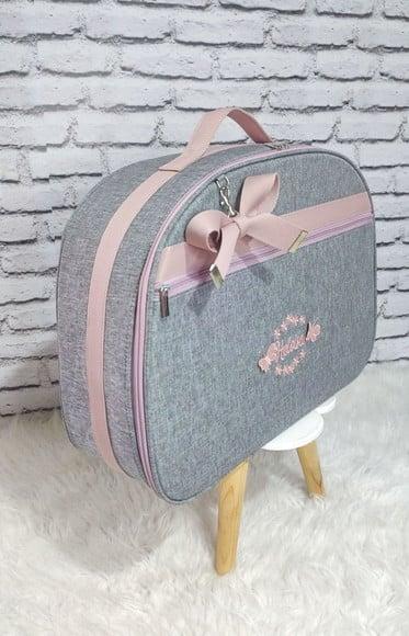 Kit Mala Maternidade e Mochila 2 em 1 Linho Cinza e Rose